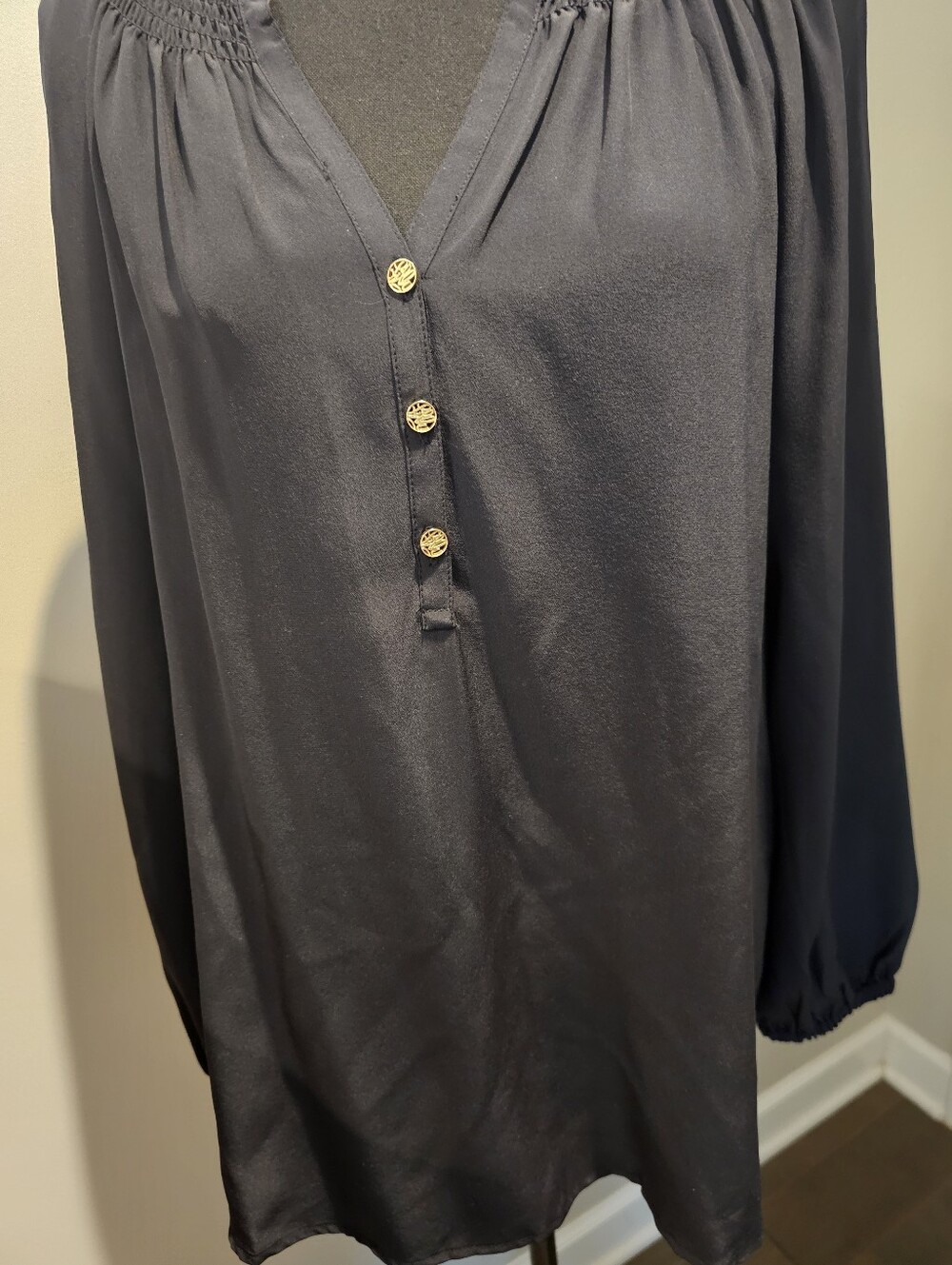 Black Women’s Silk Blouse with Gold Buttons